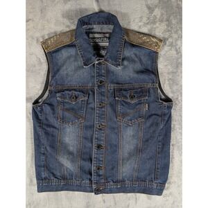 Ring of Fire Mens Blue Denim Trucker Vest Southwestern Tribal Yoke Size Large